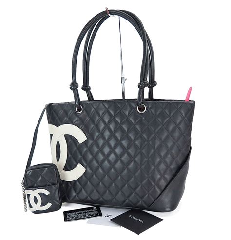 Auth CHANEL Cambon Line CC Quilted Black and White Leather Tote Bag Purse #26068 | Black leather ...