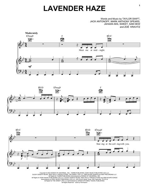 Lavender Haze by Taylor Swift Sheet Music for Piano, Vocal & Guitar ...