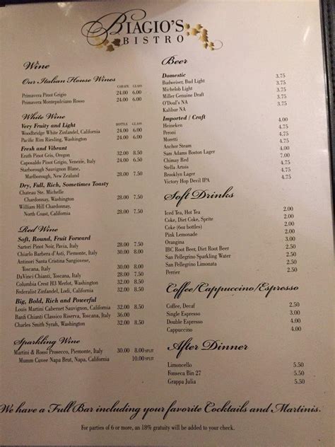 Menu at Biagio's Bistro restaurant, Cincinnati