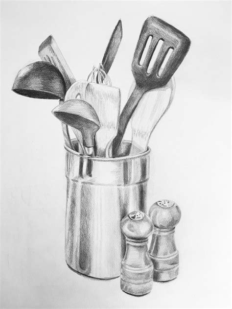 a pencil drawing of kitchen utensils in a pot with salt and pepper shakers