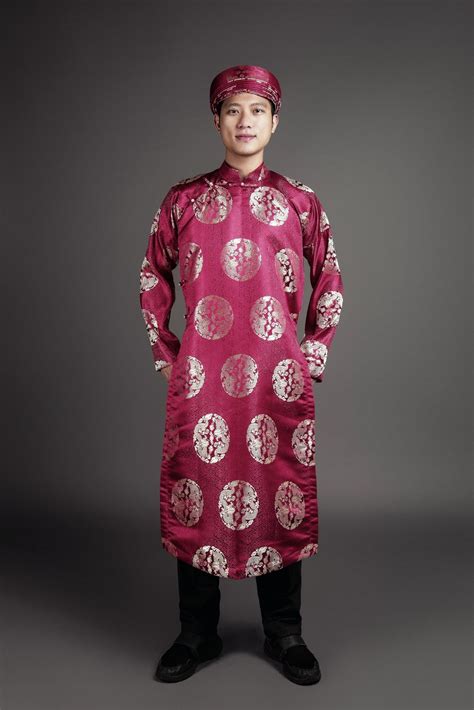 Custom Made Men's Ao Dai Vietnamese Traditional Tunic for Wedding Et. Wine Color Silk Brocade ...