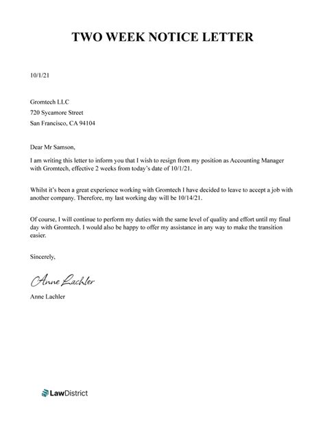 Two Weeks Notice Letter | Resignation Template | LawDistrict