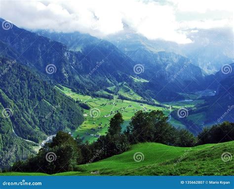 A View of the Linth River Valley and the Villages Along it Stock Image ...