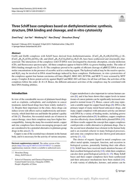 Three Schiff base complexes based on diethylenetriamine: synthesis, structure, DNA binding and ...