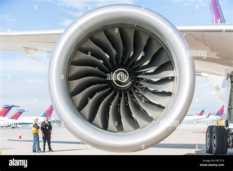 A Rolls Royce Trent 1000 turbofan engine mounted on a new Boeing 787 ...