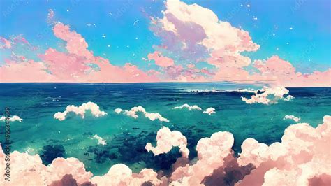 Ocean and clouds anime, manga scenery. 4K drawing of a cloudscape ...