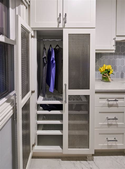 Custom Laundry Drying Cabinet with Pullout Racks. Transitional blue gray and white laundry ...