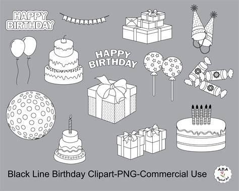 Black Line Birthday Clipart, Birthday Clip Art, Black and White ...