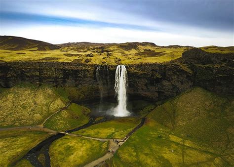 aerial, photo, waterfall, waterfalls, iceland, nature, green, water ...