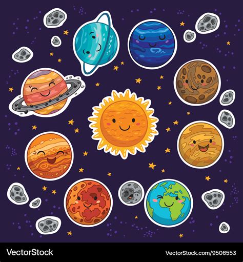 Sticker set of solar system with cartoon planets Vector Image