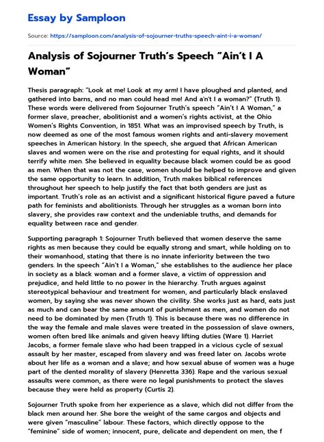 ≫ Analysis of Sojourner Truth’s Speech “Ain’t I A Woman” Free Essay Sample on Samploon.com