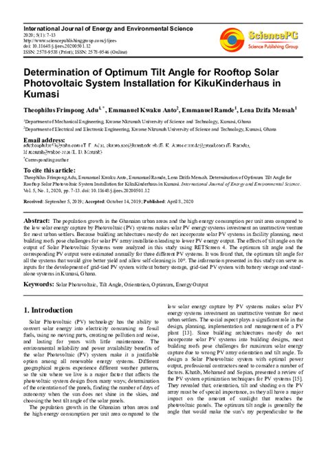 (PDF) Determination of Optimum Tilt Angle for Rooftop Solar Photovoltaic System Installation for ...