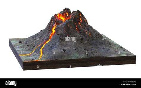 volcano erupts lava, cross section model isolated on white background (3d science render Stock ...