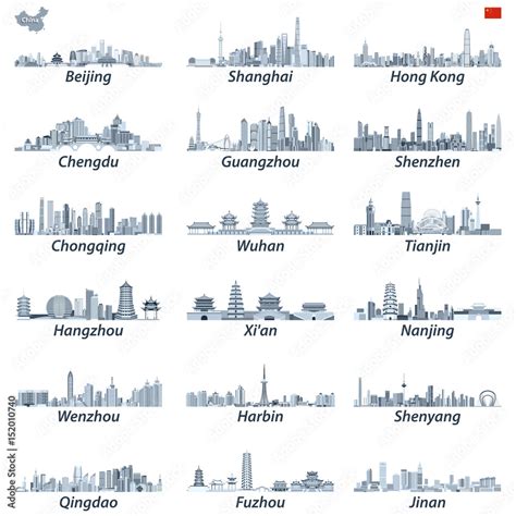 China largest cities skylines vector illustrations in tints of blue ...