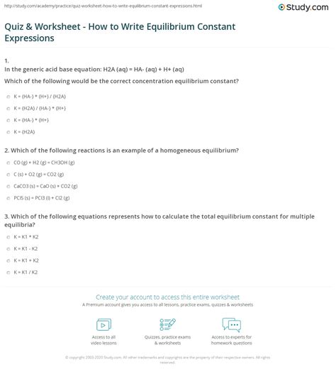 Equilibrium Expressions Worksheets