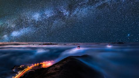 Clouds Covered Mountain Under Black Sky Full Of Stars During Night Time HD Space Wallpapers | HD ...