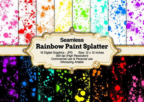 Rainbow Paint Splatter Seamless Digital Paper: Red Splatter Yellow Neon ...