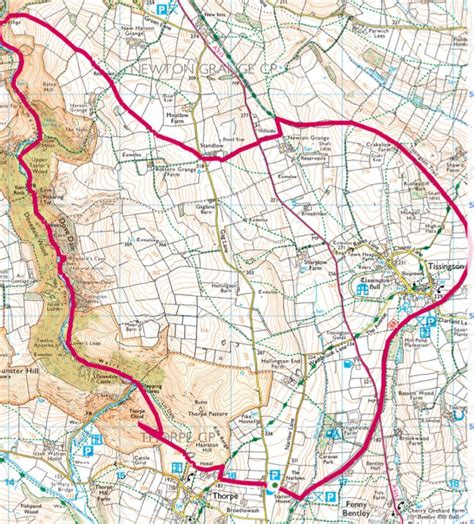 a map with red lines on it showing the path to the top of the hill