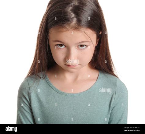 Apologizing little girl on white background Stock Photo - Alamy