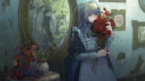 Cute Anime Girl With Red Roses Standing Near Mirror HD Anime Girl ...