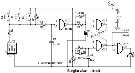 Burglar Alarm Circuit with CMOS » CircuitsZone.com