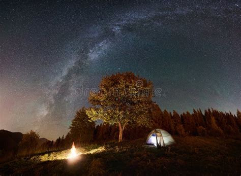 Tourist Camping and Tent Under Night Sky Full of Stars Stock Photo - Image of horizon, evening ...