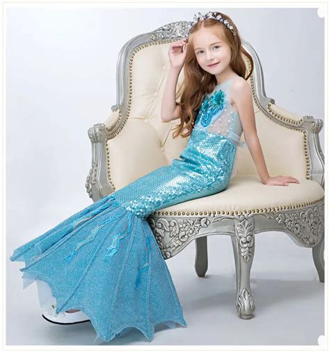 100%real luxury blue/golden children girls mermaid princess dress fairy ...