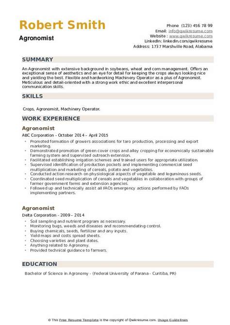 Agronomist Resume Samples | QwikResume