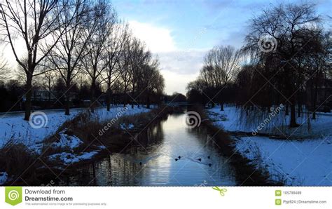 Snow Covered Winter Landscape with Canal and Trees Stock Image - Image of landscape, frosty ...