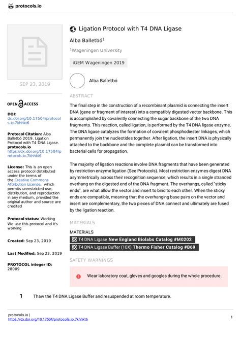 (PDF) Ligation Protocol with T4 DNA Ligase v1