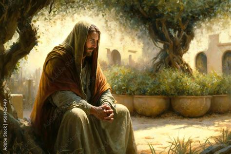 Jesus Christ praying in the garden of olive. AI generativ. Stock Illustration | Adobe Stock