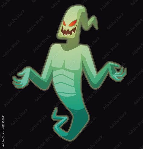 Vector cartoon image of funny light green ghost with red eyes flying and smiling on a black ...