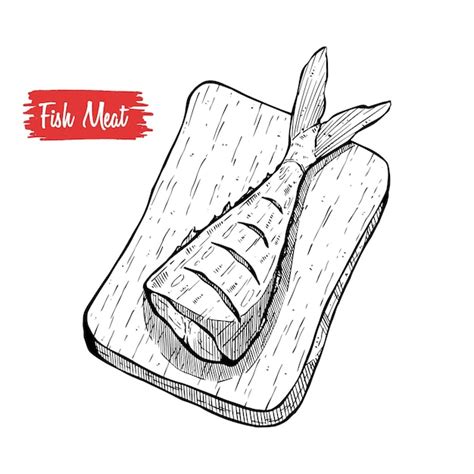 Premium Vector | Fish steak on cutting board hand drawing sketch ...