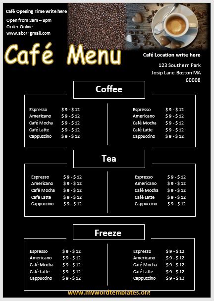 Café Menu Templates – My Word Templates