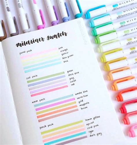 All four packs of Mildliner highlighters swatches by ig@mizustudy | Mildliners | pastel col ...