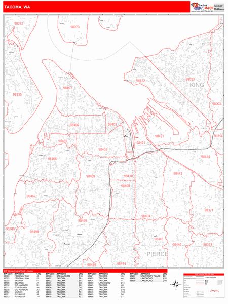 Tacoma Washington Zip Code Wall Map (Red Line Style) by MarketMAPS