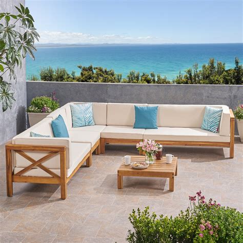 Elisha Outdoor 7 Seater Acacia Wood Sectional Sofa Set, Teak and Beige - Walmart.com