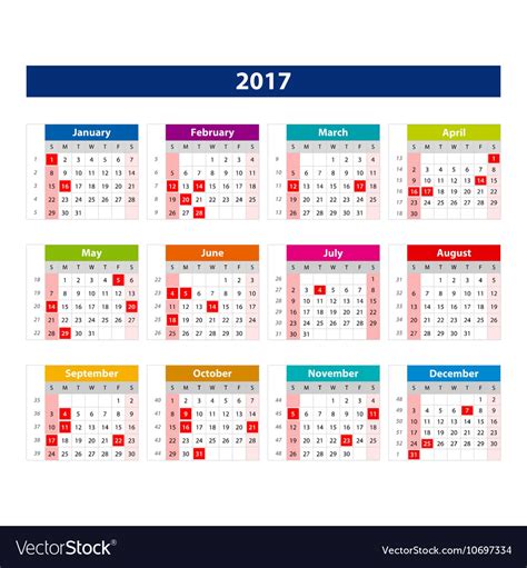 2017 Calendar holidays USA - template of color Vector Image