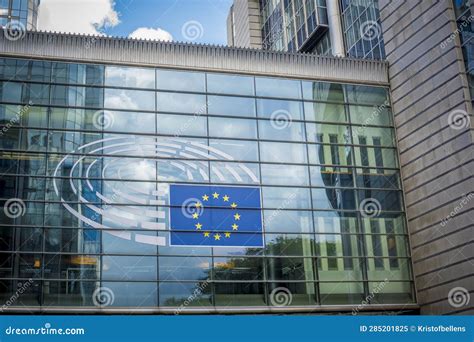 View on the European Parliament Logo on the European Headquarters Building in Brussels, Belgium ...