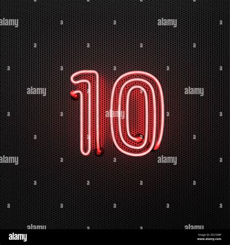 Glowing red neon number 10 (number ten) on a perforated metal background. 3D illustration Stock ...