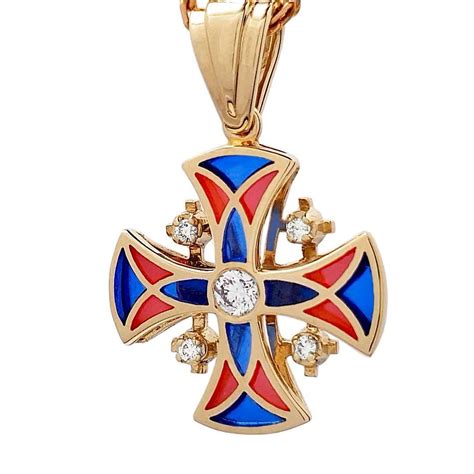 14K Gold Jerusalem Cross Necklace Stained Glass Enamel and 5 Diamonds ...