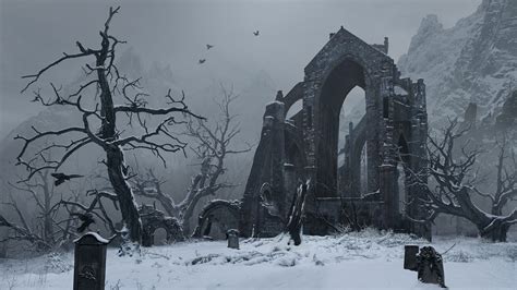 an old cemetery in the middle of a snowy forest with crows flying over ...