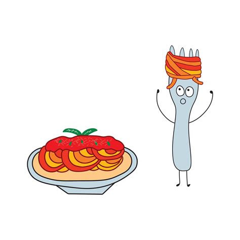 illustration vector graphic Kids drawing style funny spaghetti with fork in a cartoon style ...