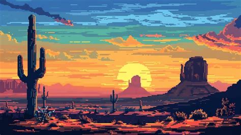 Premium Photo | Pixel art of a sunset in the desert with cacti and a ...