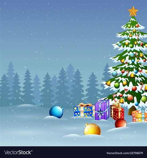 Christmas tree in winter background with gift boxe