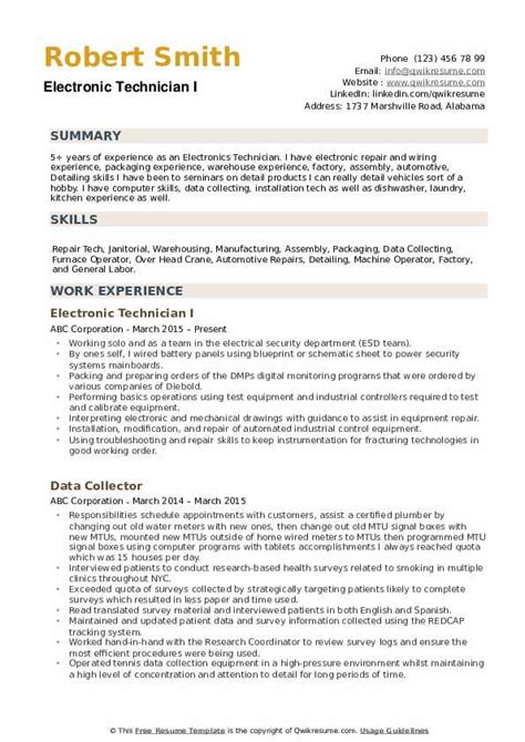 Electronic Technician Resume Samples | QwikResume