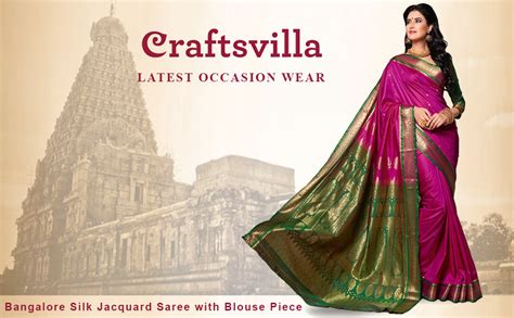 Craftsvilla sarees womens Pink Bangalore Silk Jacquard Party & Festival Wear Saree with Blouse ...