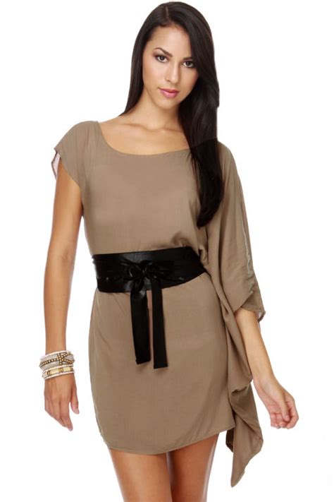 Pretty Taupe Dress - Light Brown Dress - Belted Dress - Kaftan Sleeve Dress - $41.00