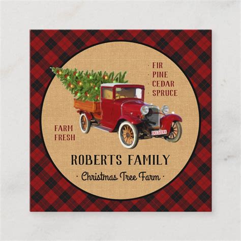 Christmas Tree Farm Vintage Truck Red Plaid Rustic Square Business Card | Zazzle