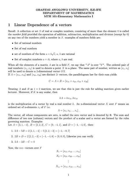 Linear Dependence of a vectors (matrices) - P - Studocu